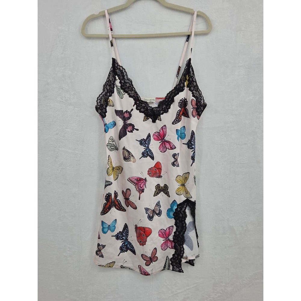 Kilo Brava Pink Butterfly Print Satin Lace Trim Chemise Nightgown Medium Slip